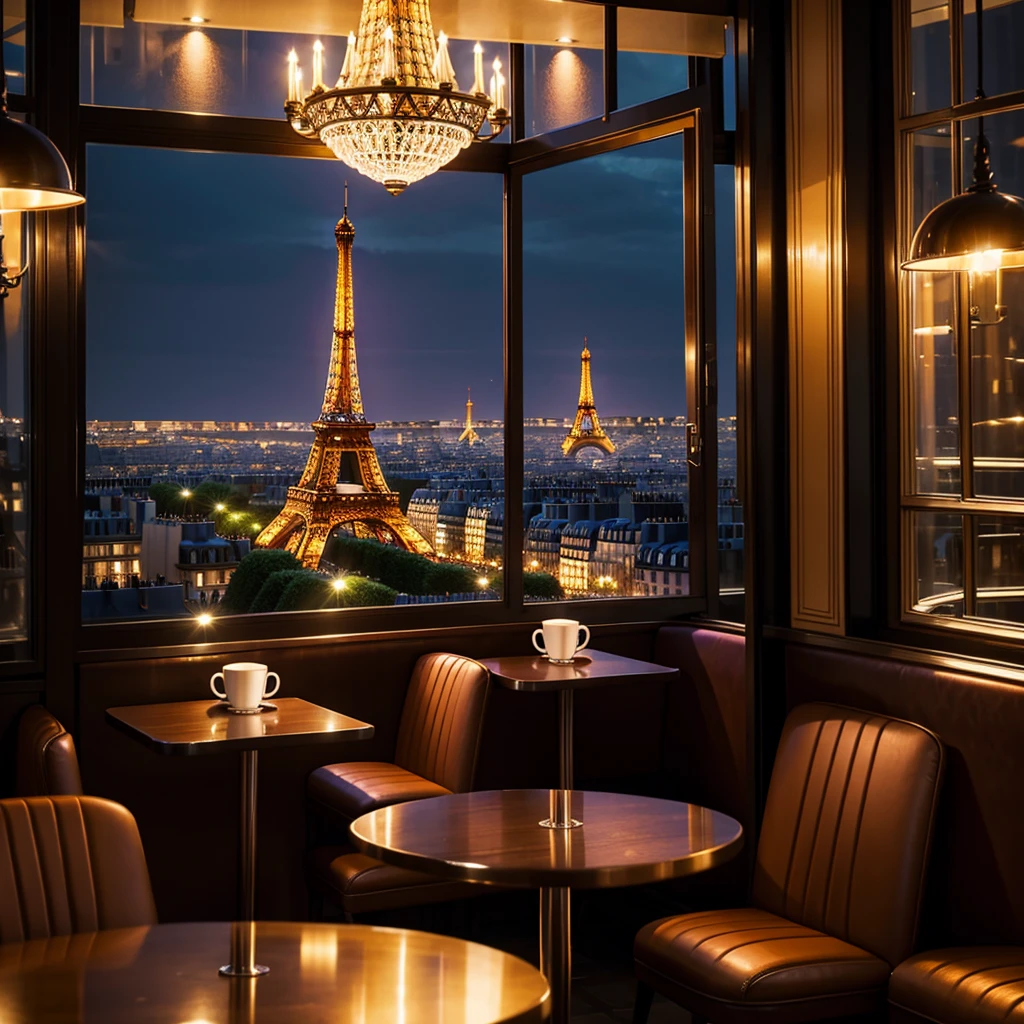 NIGHT TIME, paris coffee shop interior with a big window and view of the eifell tower, there are coffee cups in the tables, vibrant colors, cinematic