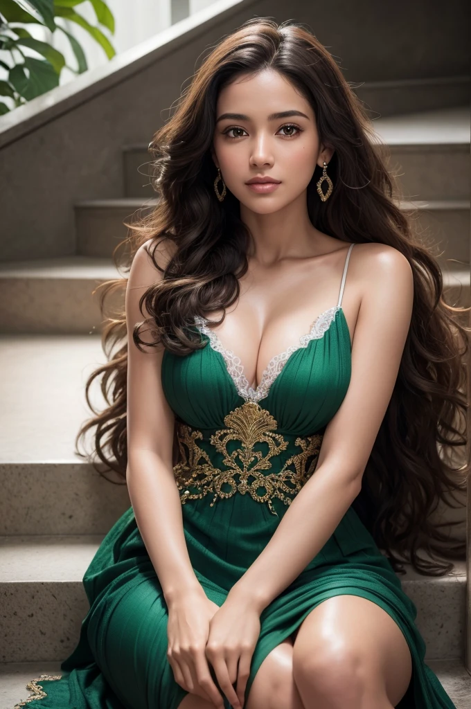 30-year-old Brazilian woman, (sitting on a staircase, with legs crossed), (cheerful), long curly hair, detailed skin, realistic photography, photograph, wearing an emerald green layered dress, covering her entire body and shoulders, masterpiece, realistic, realism, high contrast, digital art realistic photography trending on Artstation 8k HD realistic high definition detailed, skin texture, hyper detailed, realistic skin texture, best quality, ultra-high resolution, (photorealistic: 1.4), high resolution, detailed, raw photography, sharp, D850 Film Stock Photography 4 Kodak Portra 400 Camera F1.6 Rich lens colors Hyperrealistic texture Dramatic lighting trend Unrealengine on ArtStation Cinestill 800,