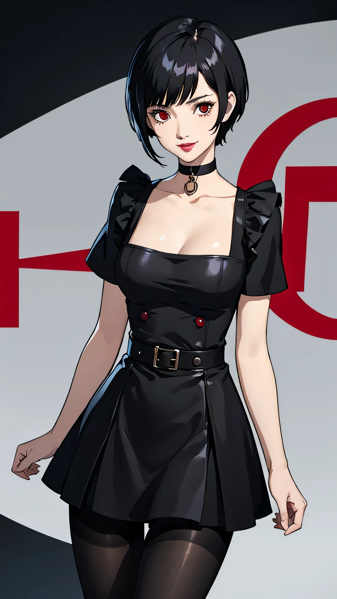 1 girl, Red eyes, very Short hair, black choker, lipstick, smile, black hair, female , tomboy Pixie haircut, dress, pantyhose, cowboy shot, 