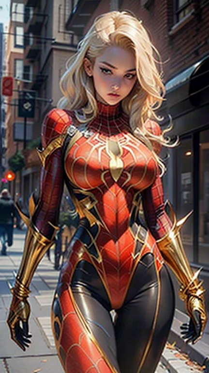 Beautiful blonde woman detailed defined body using gold spider man cosplay, huge breasts