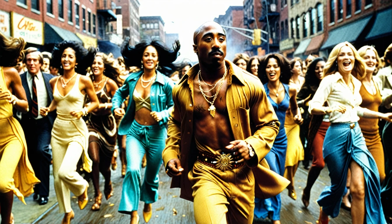 1970s photo of "2Pac" wearing 1970s attire, he is running from a crowd of beautiful multiracial women, cinematic action, atmospheric perspective,