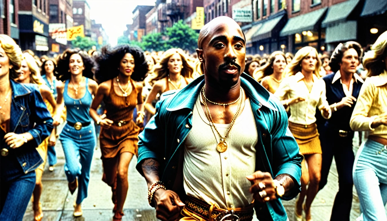 1970s photo of "2Pac" wearing 1970s attire, he is running from a crowd of beautiful multiracial women, cinematic action, atmospheric perspective,