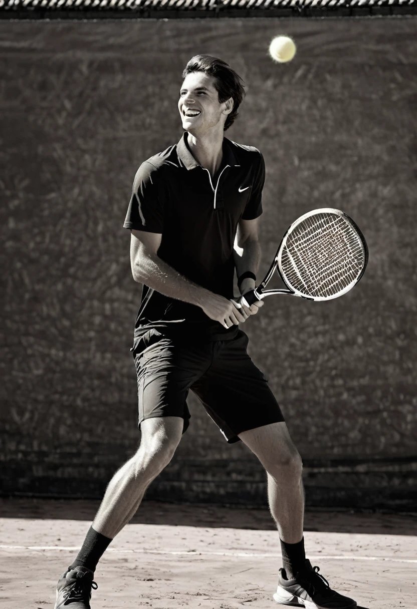A real, analog black and white photograph. A young professional male tennis player playing tennis on a clay court, captured dynamically with movement and happiness. An image with maximum detail and maximum quality. A fashion magazine cover photograph. Beautiful lighting. Fashion. Tennis. --chaos 50 --ar 2:3 --style raw --stylize 1000 J
