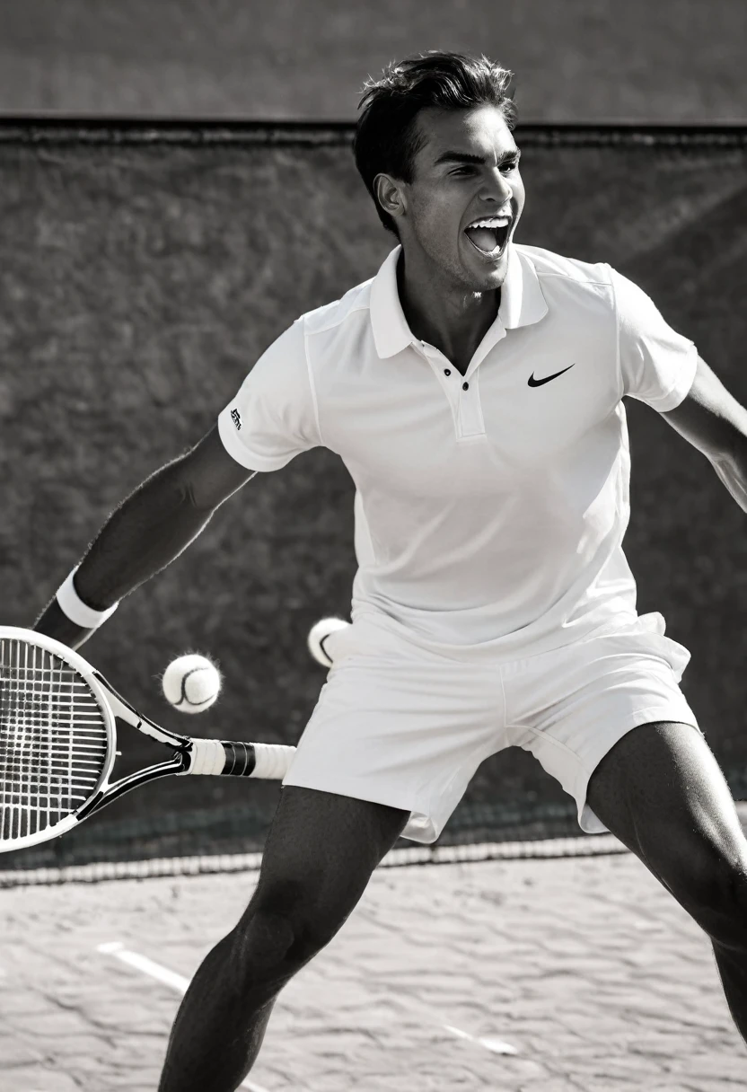 A real, analog black and white photograph. A young professional male tennis player playing tennis on a clay court, captured dynamically with movement and happiness. An image with maximum detail and maximum quality. A fashion magazine cover photograph. Beautiful lighting. Fashion. Tennis. --chaos 50 --ar 2:3 --style raw --stylize 1000 J