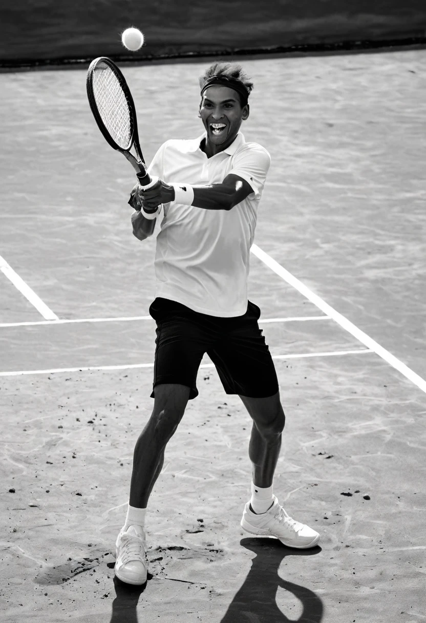A real, analog black and white photograph. A young professional male tennis player playing tennis on a clay court, captured dynamically with movement and happiness. An image with maximum detail and maximum quality. A fashion magazine cover photograph. Beautiful lighting. Fashion. Tennis. --chaos 50 --ar 2:3 --style raw --stylize 1000 J
