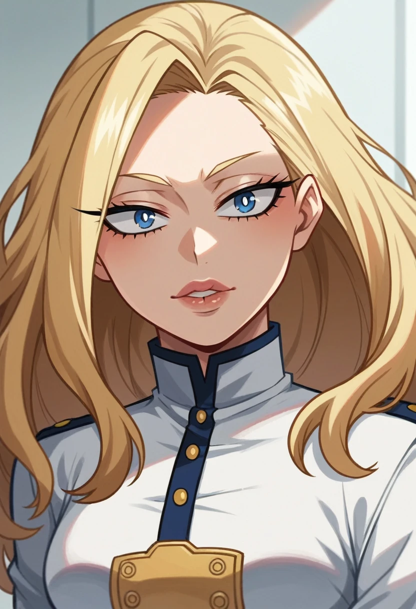 screencap boku no hero academia, a young woman with blue eyes, beautiful long blonde hair, big eyelashes, lips with lip gloss, beautiful with a beautiful body with an attractive and serius look, She wears long white stockings and white boots suit látex with a small white low-rise mini skirt too., sleeves all designed like a hero suit with pretty details. big boobs, teenager inocente mirada