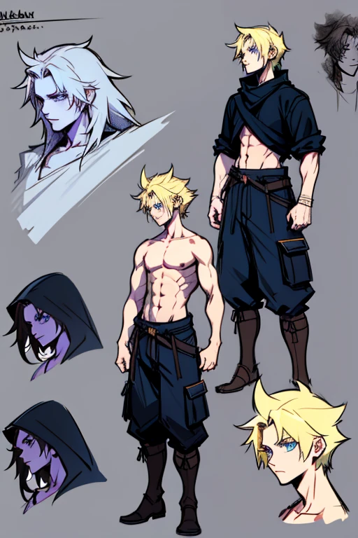 ( Absurdly , High quality , ultra detailed ) ,( hand detailed ) , 1boy, solo, , , (concept art, character sheet, character sketch),absurdres(highly detailed beautiful face and eyes)perfect anatomy, (Male), (((lean-body))) ((thin body)) (fit), no shirt, (dark-blue eyes), (multiple views) (sketch), intense eyes, (concept art, character sheet), blond hair, short messy hair, wolf cut, wolf like hair, black cargo shorts, no shirt, no boots
