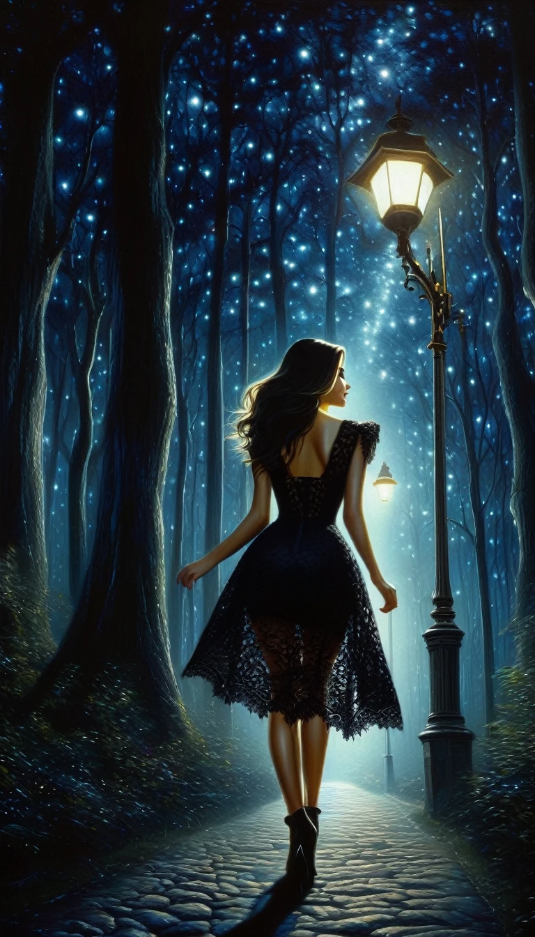 a sexy girl in a black lace dress, walking alone in a fantasy forest at night, moon, stars, trees, street lamp, starry sky, oil painting, photorealistic, 8k, hyper detailed, chiaroscuro lighting, cinematic, dramatic, surreal, moody, mysterious, breathtaking, stunning, masterpiece