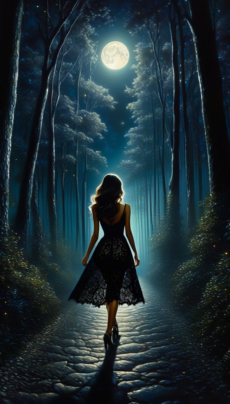a sexy girl in a black lace dress, walking alone in a fantasy forest at night, moon, stars, trees, street lamp, starry sky, oil painting, photorealistic, 8k, hyper detailed, chiaroscuro lighting, cinematic, dramatic, surreal, moody, mysterious, breathtaking, stunning, masterpiece