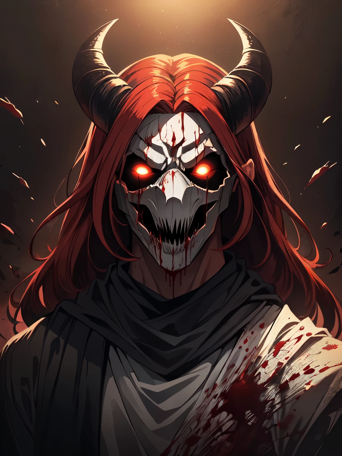 (demon), ((wearing a scary white mask)), (horrifying,shocking),blood-spattered male demon covered in blood,long flowing wavy red hair, ram curved horns, ,dramatic lighting,gritty and intense,horror portrait,violent,splattered blood,dark and haunting background,close-up of face and body,bloody handprints,terrifying aura,macabre,vivid colors,high contrast, slavic black full clothes, medieval scarf, monster claws(8k, RAW photo, best quality, masterpiece:1.2), (realistic, photorealistic:1.2) (ultra-detailed, Super detailed, detailed face:1.2), vivid colors, studio lighting, portrait,