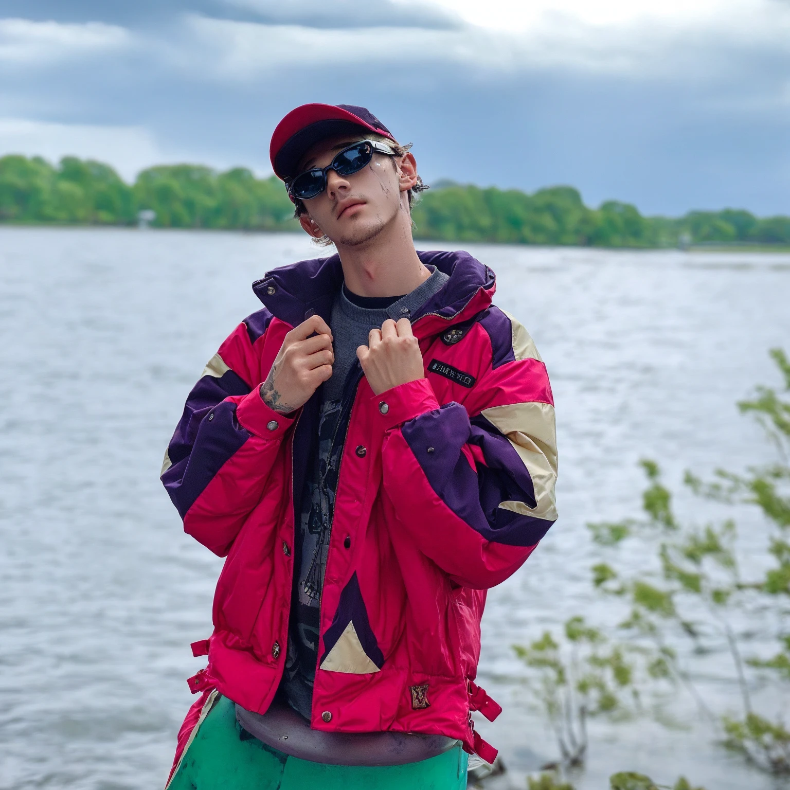 a man in a jacket and sunglasses stands by the water, Bloody from the drain gang, lil peep, in fishing 🧥, The picture is very, very low quality, looks like a mix of grimes, on the lake, album&#39;s cover, young man in a purple sweatshirt, looks like a mix of grimes, looks like a mixture of dirt