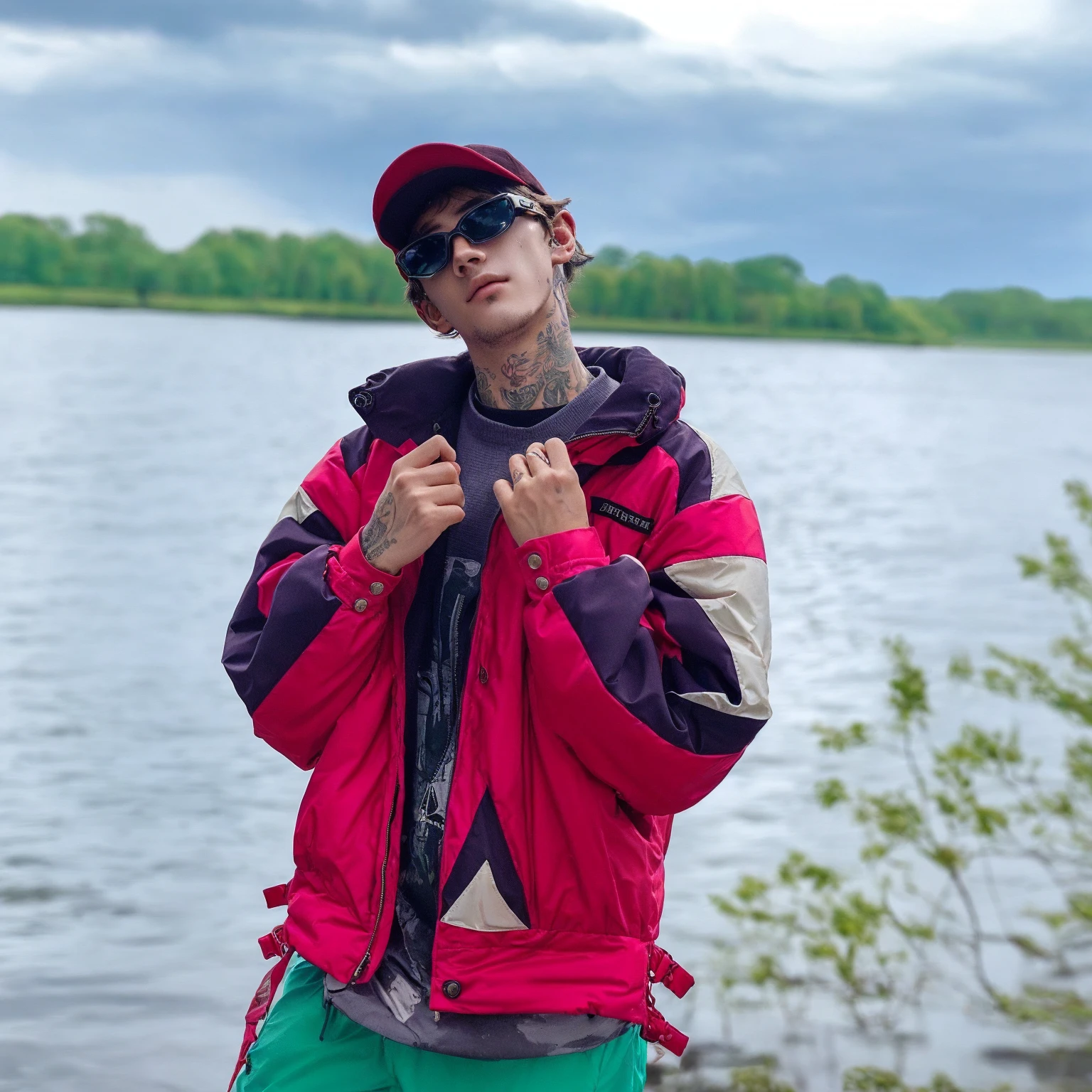 a man in a jacket and sunglasses stands by the water, Bloody from the drain gang, lil peep, in fishing 🧥, The picture is very, very low quality, looks like a mix of grimes, on the lake, album's cover, young man in a purple sweatshirt, looks like a mix of grimes, looks like a mixture of dirt