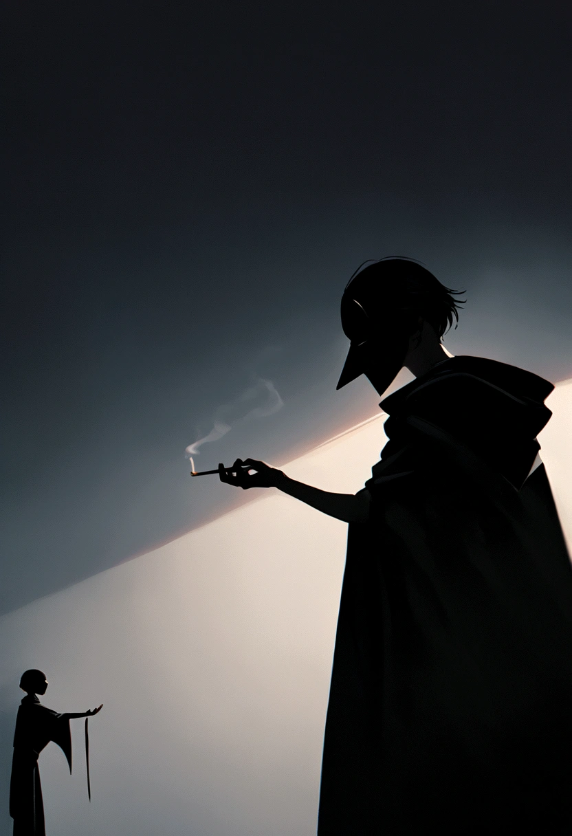"Two characters meet: A thin man with short black hair, in a long cape and mask, leans against a wall, looking to the side with a cigarette in hand. Beside him stands another thin man, also in a long cape and masked, leaning against the opposite wall, looking down with a cigarette in hand. They shake hands. Both are minimalist characters, 8k resolution, photorealistic style, cinematic lighting, with moody atmosphere, dramatic shadows, and muted color palette."

