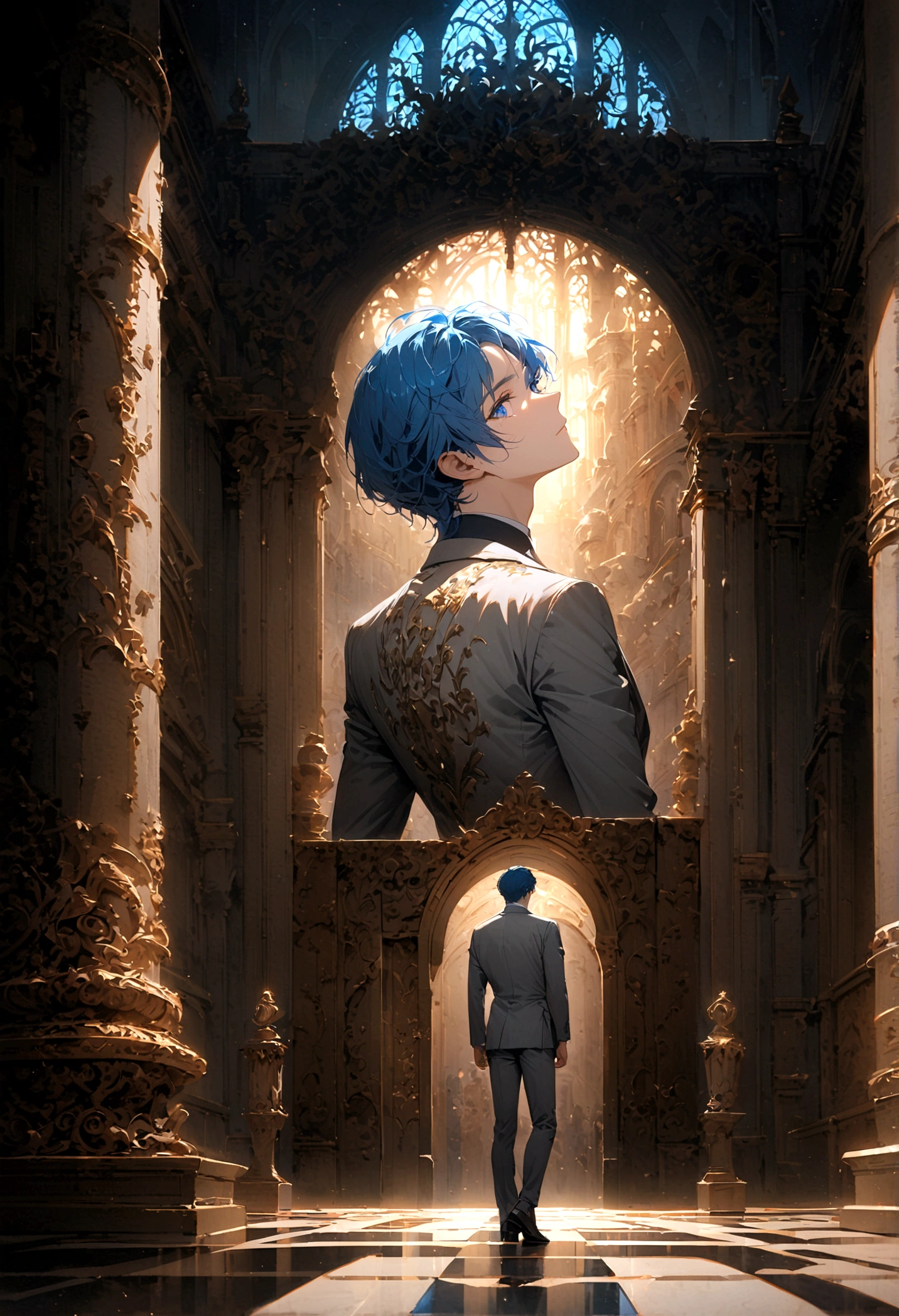 A blue-haired, blue-eyed man in a gray suit turned his back and half his face, standing alone in the middle of the palace at night.
