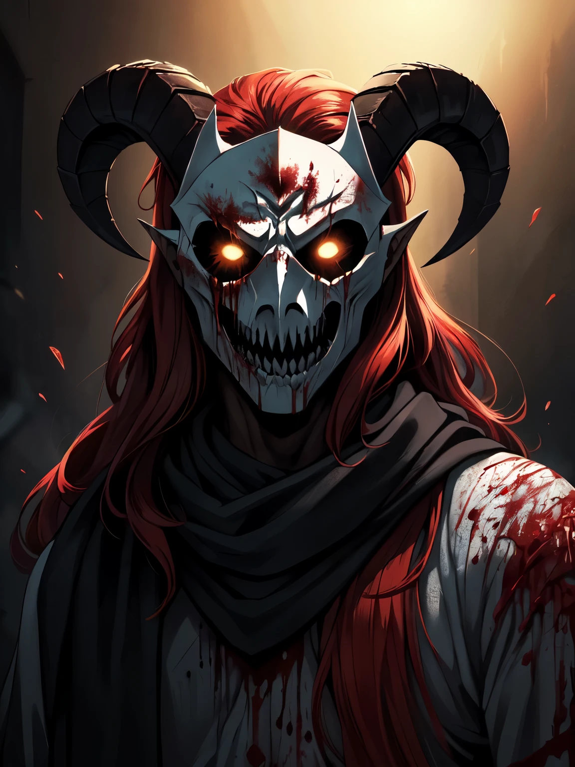(demon), ((wearing a scary white mask)), (horrifying,shocking),blood-spattered male demon covered in blood,long flowing wavy red hair, ram curved horns, ,dramatic lighting,gritty and intense,horror portrait,violent,splattered blood,dark and haunting background,close-up of face and body,bloody handprints,terrifying aura,macabre,vivid colors,high contrast, slavic black full clothes, medieval scarf, monster claws(8k, RAW photo, best quality, masterpiece:1.2), (realistic, photorealistic:1.2) (ultra-detailed, Super detailed, detailed face:1.2), vivid colors, studio lighting, portrait,