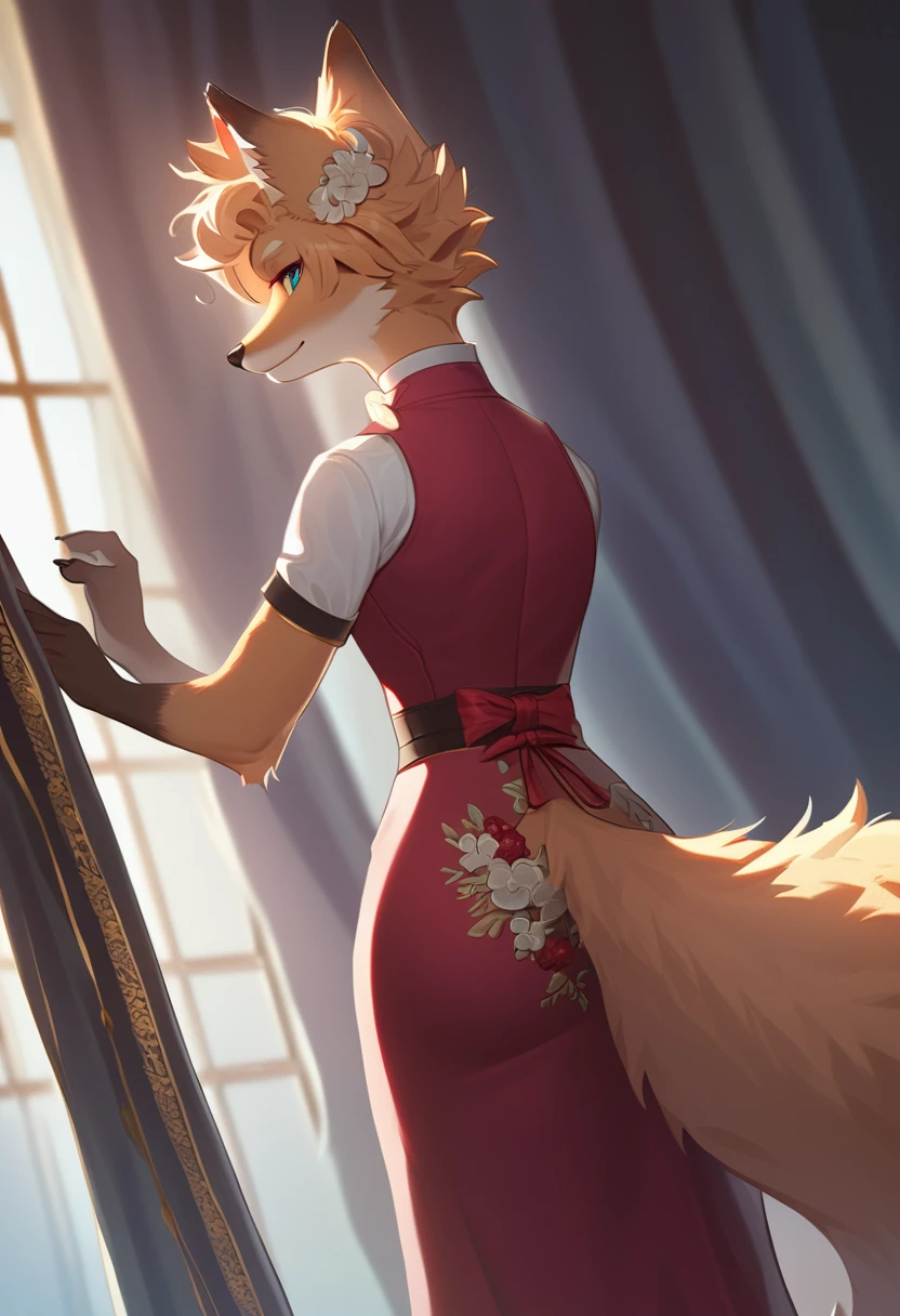 ((Masterpiece)), ((Best Quality)), (Very Detailed), ((Very Detailed)), 4K, (8K), very aesthetic, absurdres highres, 1male, anthropomorphic fox, furry, kemono, A confident woman with striking hair texture and detailed clothing, wearing a velvet cheongsam dress with glossy and smooth texture, elegant impression, floral embroidery, slits, shiny hair, wrinkles and drapes in the clothing, seams, buttons, and fine texture of the ornaments.
