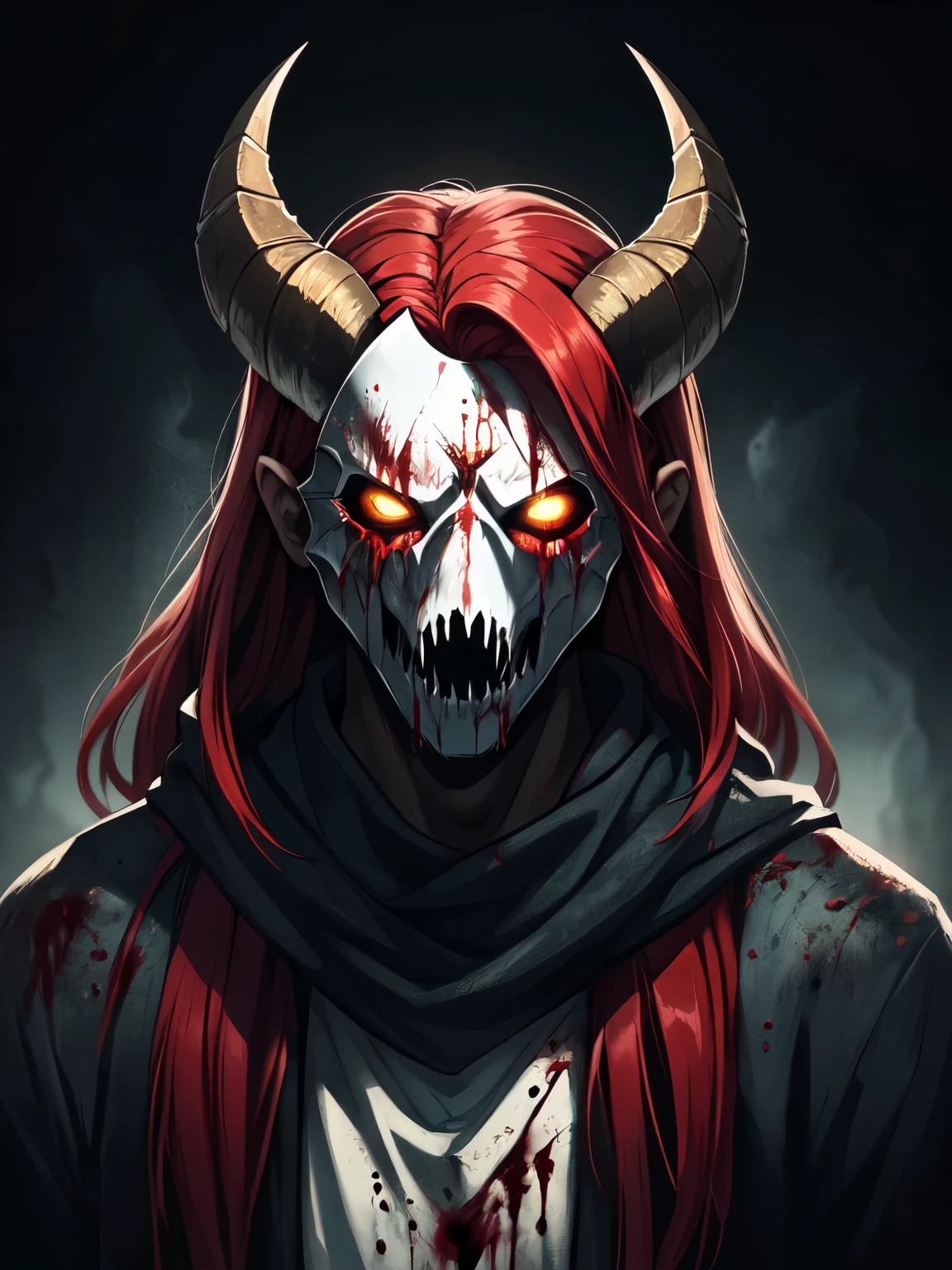 (demon), ((wearing a scary white mask)), (horrifying,shocking),blood-spattered male demon covered in blood,long flowing wavy red hair, ram curved horns, ,dramatic lighting,gritty and intense,horror portrait,violent,splattered blood,dark and haunting background,close-up of face and body,bloody handprints,terrifying aura,macabre,vivid colors,high contrast, slavic black full clothes, medieval scarf, monster claws(8k, RAW photo, best quality, masterpiece:1.2), (realistic, photorealistic:1.2) (ultra-detailed, Super detailed, detailed face:1.2), vivid colors, studio lighting, portrait,