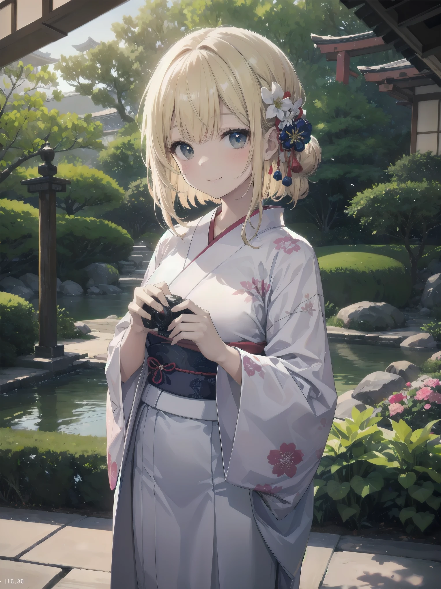 Subject: pretty beautiful girl
Subtitle: {Long, straight blonde hair}{Japanese-style yukata}{Posing picking flowers}{Japanese garden}{Smiling demurely}{Mirrorless camera, f/1.8, 1/400 sec, ISO 800, soft focus effect}
A beautiful girl with long, straight blonde hair stands in a quiet Japanese garden. She is wearing a beautiful Japanese yukata and is elegantly picking flowers. Her modest smile enhances her elegance and makes for a memorable scene. In the background is a lush green Japanese garden, which gives the scene a traditional beauty. The photo was taken with a mirrorless camera at f/1.8 aperture, shutter speed 1/400 sec, ISO 800, and the soft-focus effect adds to the soft, magical atmosphere.