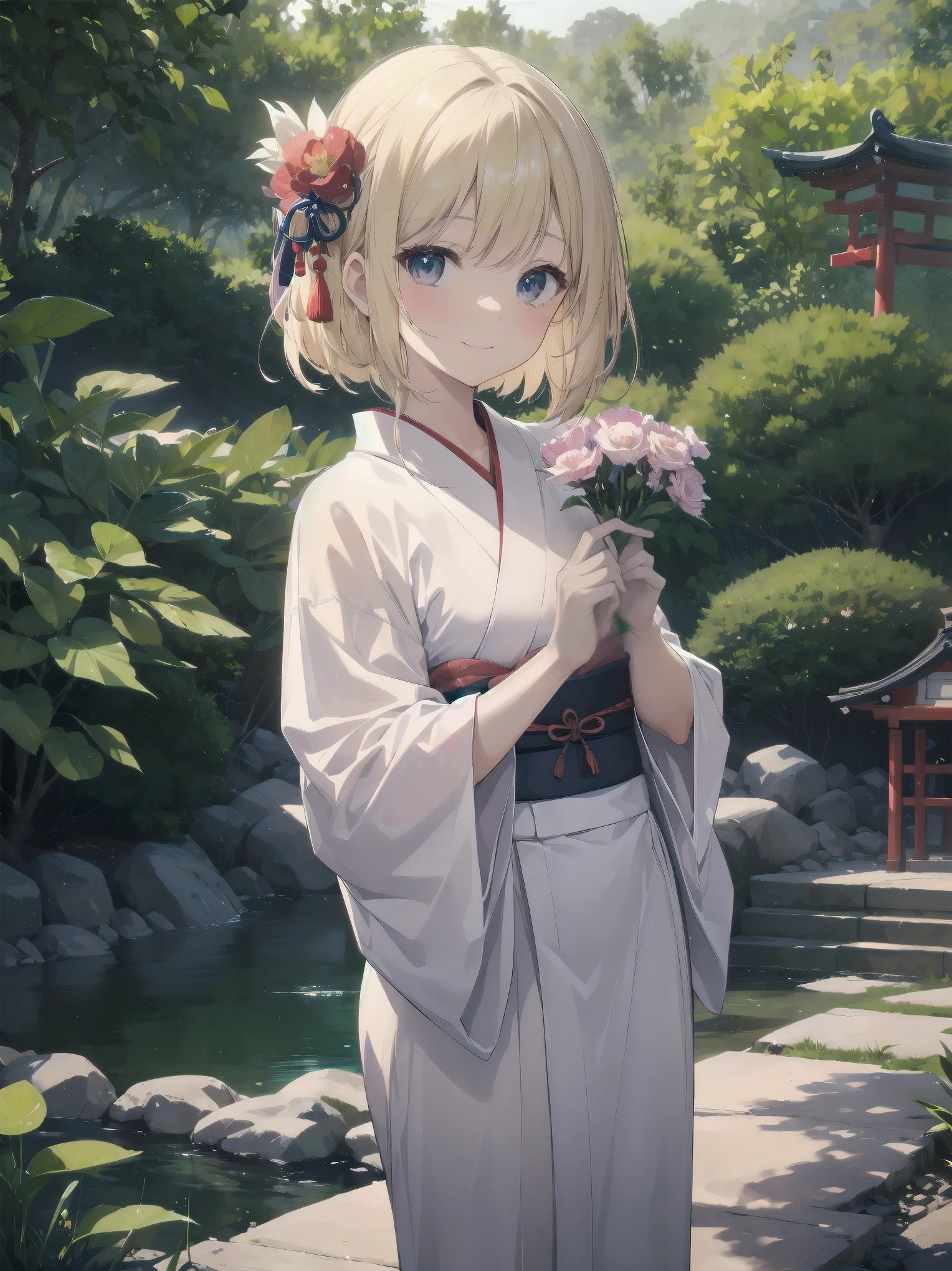Subject: pretty beautiful girl
Subtitle: {Long, straight blonde hair}{Japanese-style yukata}{Posing picking flowers}{Japanese garden}{Smiling demurely}{Mirrorless camera, f/1.8, 1/400 sec, ISO 800, soft focus effect}

A beautiful girl with long, straight blonde hair stands in a quiet Japanese garden. She is wearing a beautiful Japanese yukata and is elegantly picking flowers. Her modest smile enhances her elegance and makes for a memorable scene. In the background is a lush green Japanese garden, which gives the scene a traditional beauty. The photo was taken with a mirrorless camera at f/1.8 aperture, shutter speed 1/400 sec, ISO 800, and the soft-focus effect adds to the soft, magical atmosphere.