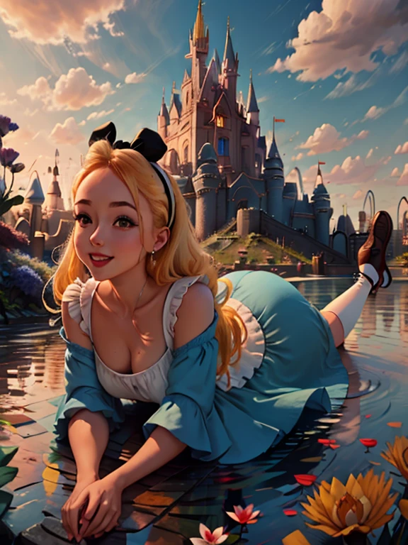 (masterpiece), (best quality), (extremely detailed), alice liddell, blue dress, white apron, black hairband, white long socks, cute pose, in a flower garden, (pond), (((disney castle at the background))), (blue sky), (sunny day), 3d. Illustration, Good Highlights, Perfect Proportions, dynamic, Professional, Award winning, (high detailed skin), (high detailed face), photorealistic, HDR, ultra highres, absurdres, perfect body shape, cute smiling, realistic figure, sexy posing, teaser lying down