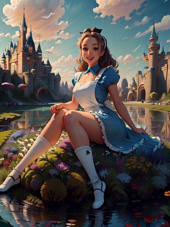 (masterpiece), (best quality), (extremely detailed), alice liddell, blue dress, white apron, black hairband, white long socks, cute pose, in a flower garden, (pond), (((disney castle at the background))), (blue sky), (sunny day), 3d. Illustration, Good Highlights, Perfect Proportions, dynamic, Professional, Award winning, (high detailed skin), (high detailed face), photorealistic, HDR, ultra highres, absurdres, perfect body shape, cute smiling, realistic figure, sexy posing, teaser lying down