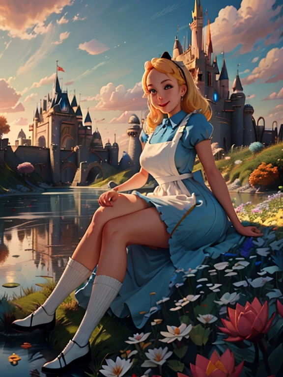 (masterpiece), (best quality), (extremely detailed), alice liddell, blue dress, white apron, black hairband, white long socks, cute pose, in a flower garden, (pond), (((disney castle at the background))), (blue sky), (sunny day), 3d. Illustration, Good Highlights, Perfect Proportions, dynamic, Professional, Award winning, (high detailed skin), (high detailed face), photorealistic, HDR, ultra highres, absurdres, perfect body shape, cute smiling, realistic figure, sexy posing, teaser lying down