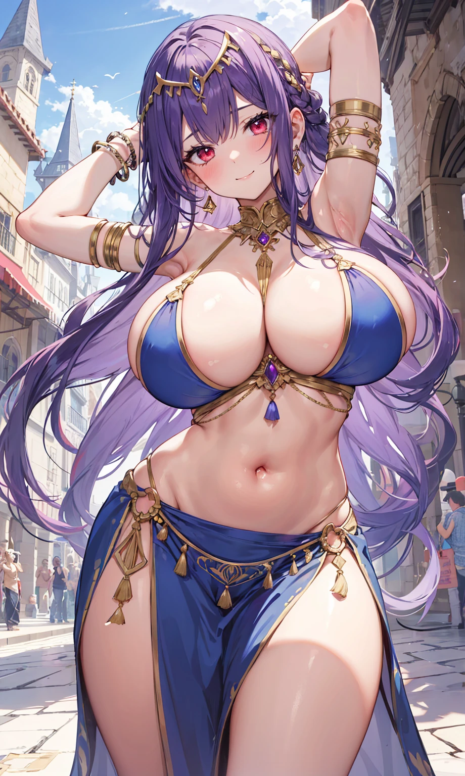 high quality, ultra detailed, best quality, insanely detailed, beautiful, masterpiece, 1girl, medieval plaza, cowboy shot, red eyes, long hair, purple hair, belly dancer, circlet, earrings, armlets, bracelets, bashful smile, large breasts, cleavage, soft stomach