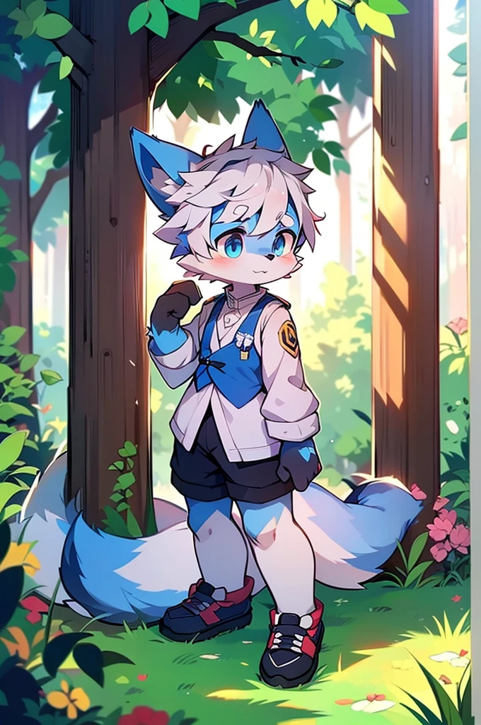 Blue fur, Canine, fox motif, boy, uniform,Tall，Estrus，Cute face，