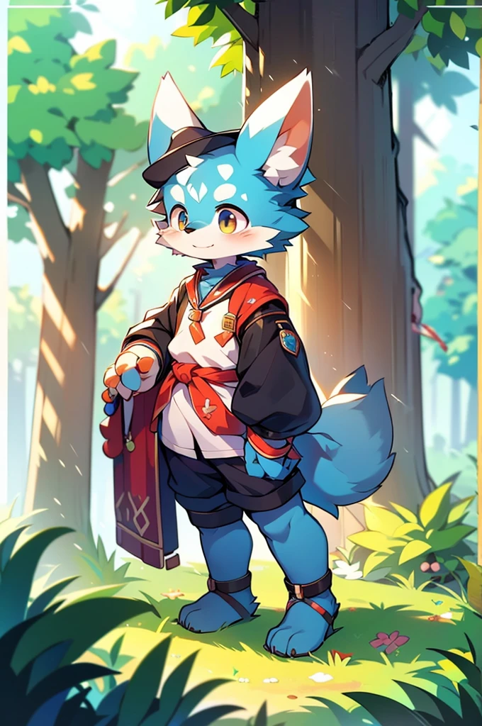 Blue fur, Canine, fox motif, boy, uniform,Tall，Estrus，Cute face，