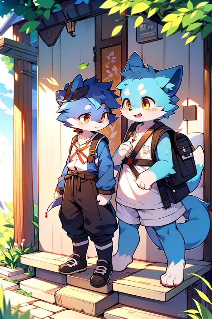 Blue fur, Canine, fox motif, boy, uniform,Tall,Estrus,Cute face,