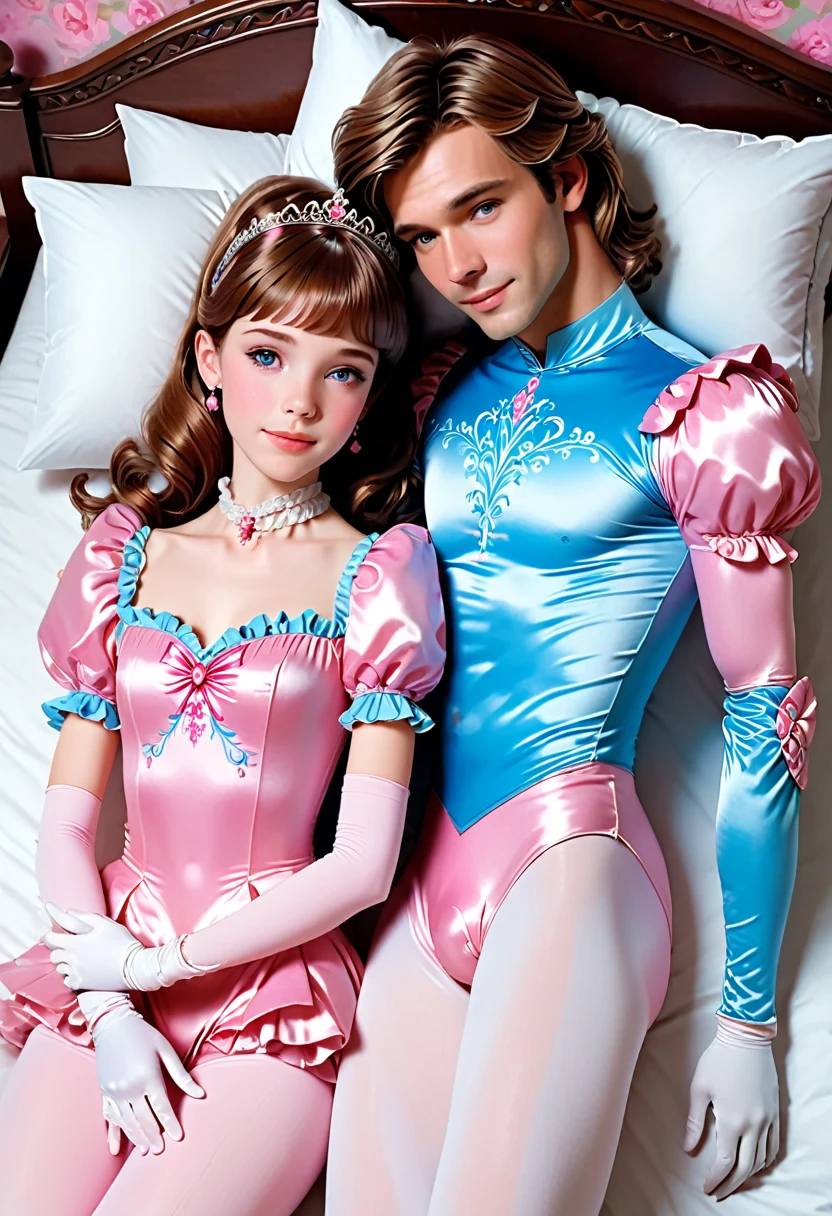 (Style-Princess) (1 man, 1 catgirl) (hetero, couple) (crossdressing, fully clothed) (brown hair, blue eyes) (portrait) (women's clothes only) (women's beautifully feminine skintight velvet floral print frilly girly pink adorable ballet leotards) (white opaque tights, no shoes) (tiaras, pink shoulder-length silk gloves:1.3) (woman's bedroom, four-poster bed) (lying down, hugging, bending knee) (intimacy, playfulness, closeness)