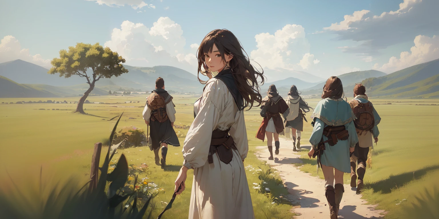 (((Top quality, 4k, 8k, high resolution, masterpiece: 1.2))), (super detailed), (realistic), (photorealistic), (photorealistic: 1.37), (HDR, UHD), (studio (lighting)), ultra-fine drawing, sharp focus, physically based rendering, highly detailed, professional, vibrant colors, medieval European clothing, adventurer's clothing, Vast grassland, majestic plain, wind, grass swaying in the wind, (((girl, girl smiling, girl's feet, girl looking back, girl walking))),
