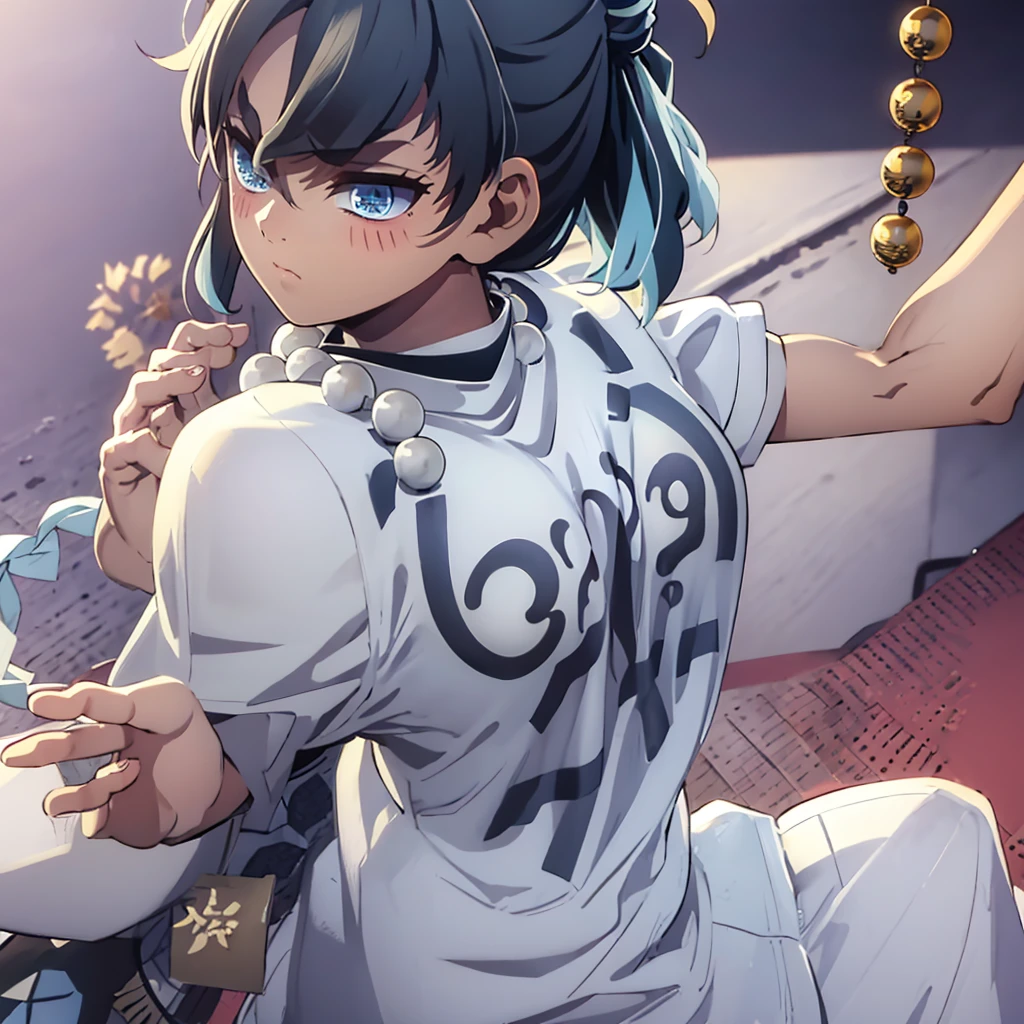 topknot, light blue hair, white clothes, pelvic curtain, bead necklace, beads, japanese clothes, [[Large breasts]], short ponytail, serious