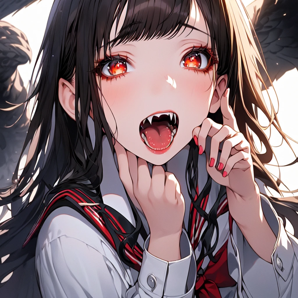  (1girl:1.3, solo), (a extremely pretty and beautiful Japanese woman), (sexy girl), (professional attire:1.3), (22 years old: 1.1), (attractive random posing:1.3), ( long, wavy black hair with red highlights :1.2), bangs, red eyes, beautiful eyes, princess eyes, (big eyes:1.3), bangs, long hair:1.3,(big breasts:0.95), (thin waist: 1.15), (detailed beautiful girl: 1.4), Red lips, full-make-up face, (shiny skin), ((Perfect Female Body)), (Upper Body Image:1.3), Perfect Anatomy, Perfect Proportions, (most beautiful Korean actress face:1.3, extremely cute and beautiful Japanese actress face:1.3), BREAK, (View viewer, wearing a school girl uniform, (insanely detailed collared sailor shirt:1.3, long-sleeve:1.3), (black box-skirt:1.3), detailed clothes, (simple background:1.2) (Studio soft lighting: 1.3), (sunlights: 1.3), (backlight: 1.3), (Realistic, Photorealistic: 1.37), (Masterpiece, Best Quality: 1.2), (Ultra High Resolution: 1.2), (RAW Photo: 1.2), (Sharp Focus: 1.3), (Face Focus: 1.2), (Ultra Detailed CG Unified 8k Wallpaper: 1.2), (Beautiful Skin: 1.2), (Hyper Sharp Focus: 1.5), (Ultra Sharp Focus: 1.5), (Beautiful pretty face: 1.3), (super detailed background, detail background: 1.3), Ultra Realistic Photo, Hyper Sharp Image, Hyper Detail Image, soft light, sharp focus, focused,[[anime]]