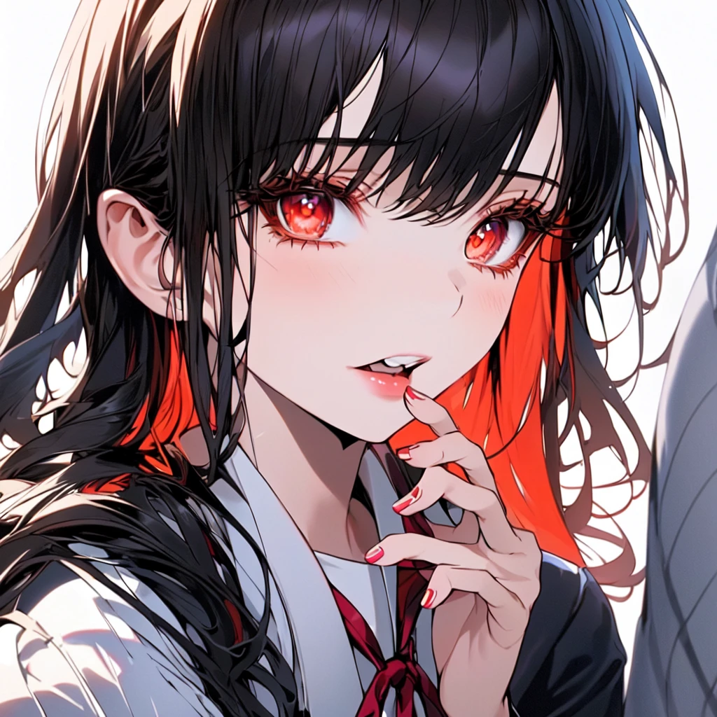  (1girl:1.3, solo), (a extremely pretty and beautiful Japanese woman), (sexy girl), (professional attire:1.3), (22 years old: 1.1), (attractive random posing:1.3), ( long, wavy black hair with red highlights :1.2), bangs, red eyes, beautiful eyes, princess eyes, (big eyes:1.3), bangs, long hair:1.3,(big breasts:0.95), (thin waist: 1.15), (detailed beautiful girl: 1.4), Red lips, full-make-up face, (shiny skin), ((Perfect Female Body)), (Upper Body Image:1.3), Perfect Anatomy, Perfect Proportions, (most beautiful Korean actress face:1.3, extremely cute and beautiful Japanese actress face:1.3), BREAK, (View viewer, wearing a school girl uniform, (insanely detailed collared sailor shirt:1.3, long-sleeve:1.3), (black box-skirt:1.3), detailed clothes, (simple background:1.2) (Studio soft lighting: 1.3), (sunlights: 1.3), (backlight: 1.3), (Realistic, Photorealistic: 1.37), (Masterpiece, Best Quality: 1.2), (Ultra High Resolution: 1.2), (RAW Photo: 1.2), (Sharp Focus: 1.3), (Face Focus: 1.2), (Ultra Detailed CG Unified 8k Wallpaper: 1.2), (Beautiful Skin: 1.2), (Hyper Sharp Focus: 1.5), (Ultra Sharp Focus: 1.5), (Beautiful pretty face: 1.3), (super detailed background, detail background: 1.3), Ultra Realistic Photo, Hyper Sharp Image, Hyper Detail Image, soft light, sharp focus, focused,[[anime]]