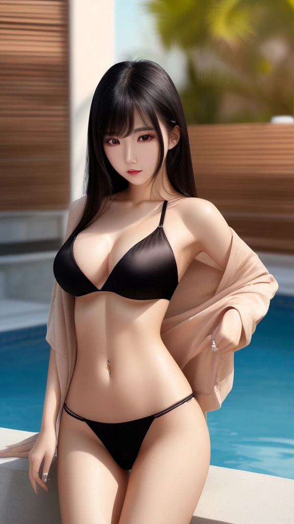 Create an image of a stunning Asian woman, approximately 25 years old, with an air of maturity and confidence. She must be wearing a short skirt showing off her private parts and a transparent bra, which highlights her elegant and attractive shape. Capture your physical beauty with attention to detail in your delicate facial features, flawless skin, and silky black hair. Her expression should convey a mixture of serenity and inner strength, highlighting her maturity and striking presence. High quality and high definition image, 4K, 8K.