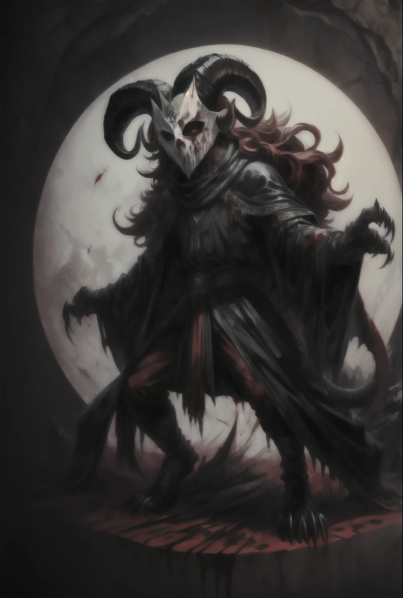 ((demon)), (((male))), male demon,  ((scary demon), (((wearing a scary white mask))), blood, (((ram curved horns))), long wavy red hair, (((slavic black full clothes))), medieval scarf, monster claws, snake tail