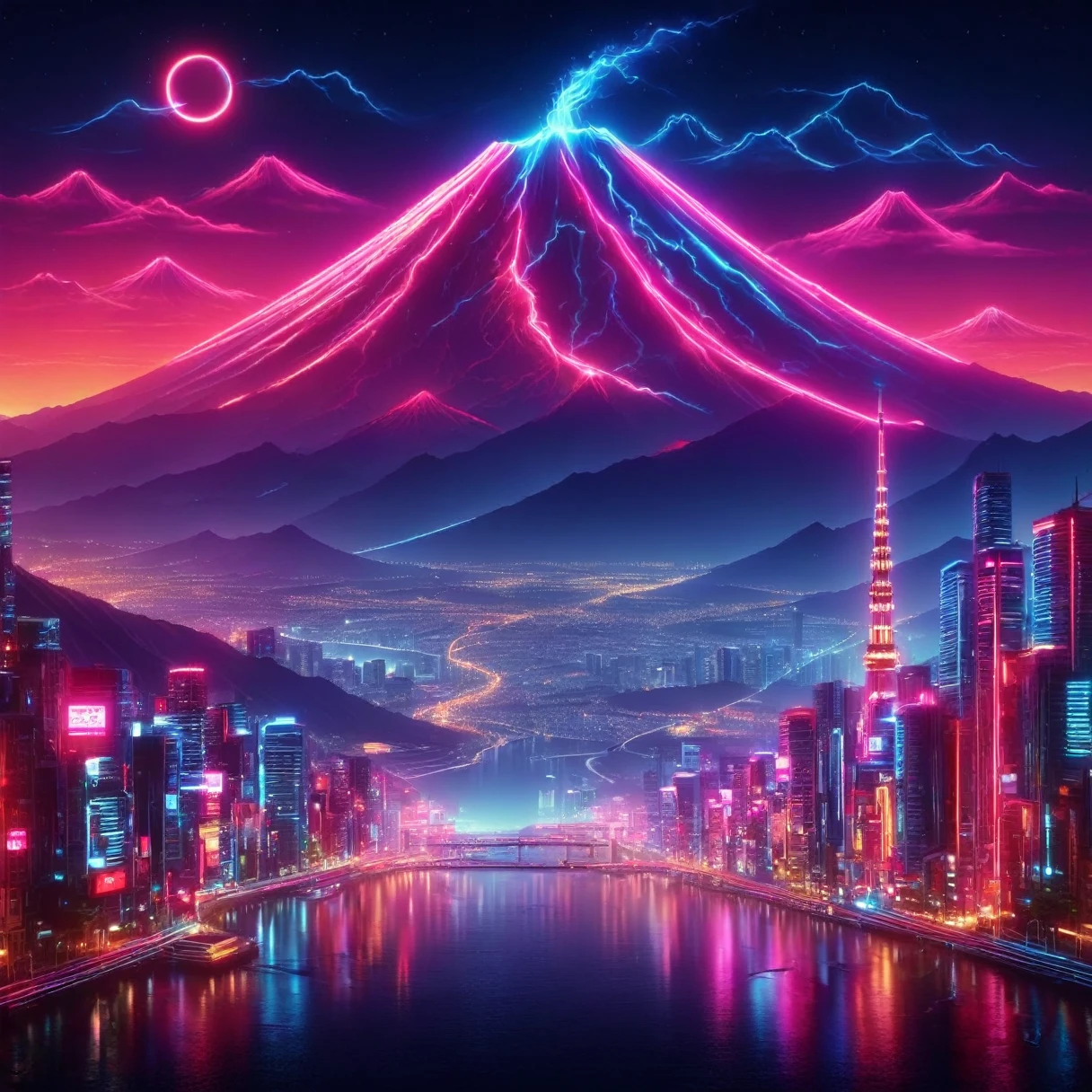japanese art, mount fuji, small city, synthwave, neon signs,
