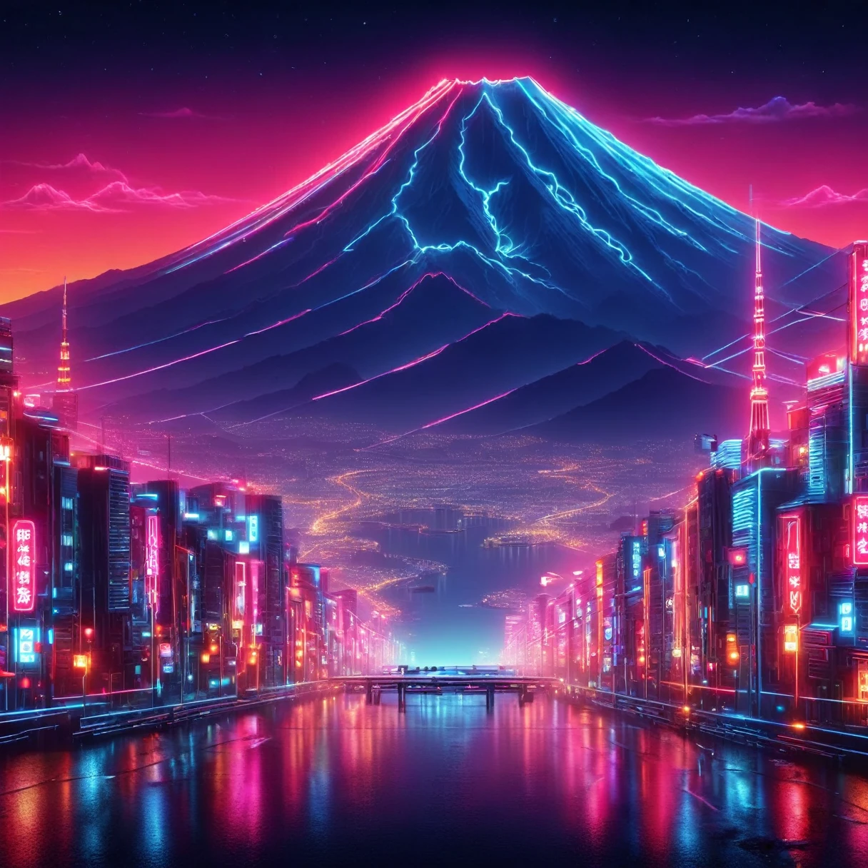 japanese art, mount fuji, small city, synthwave, neon signs, 