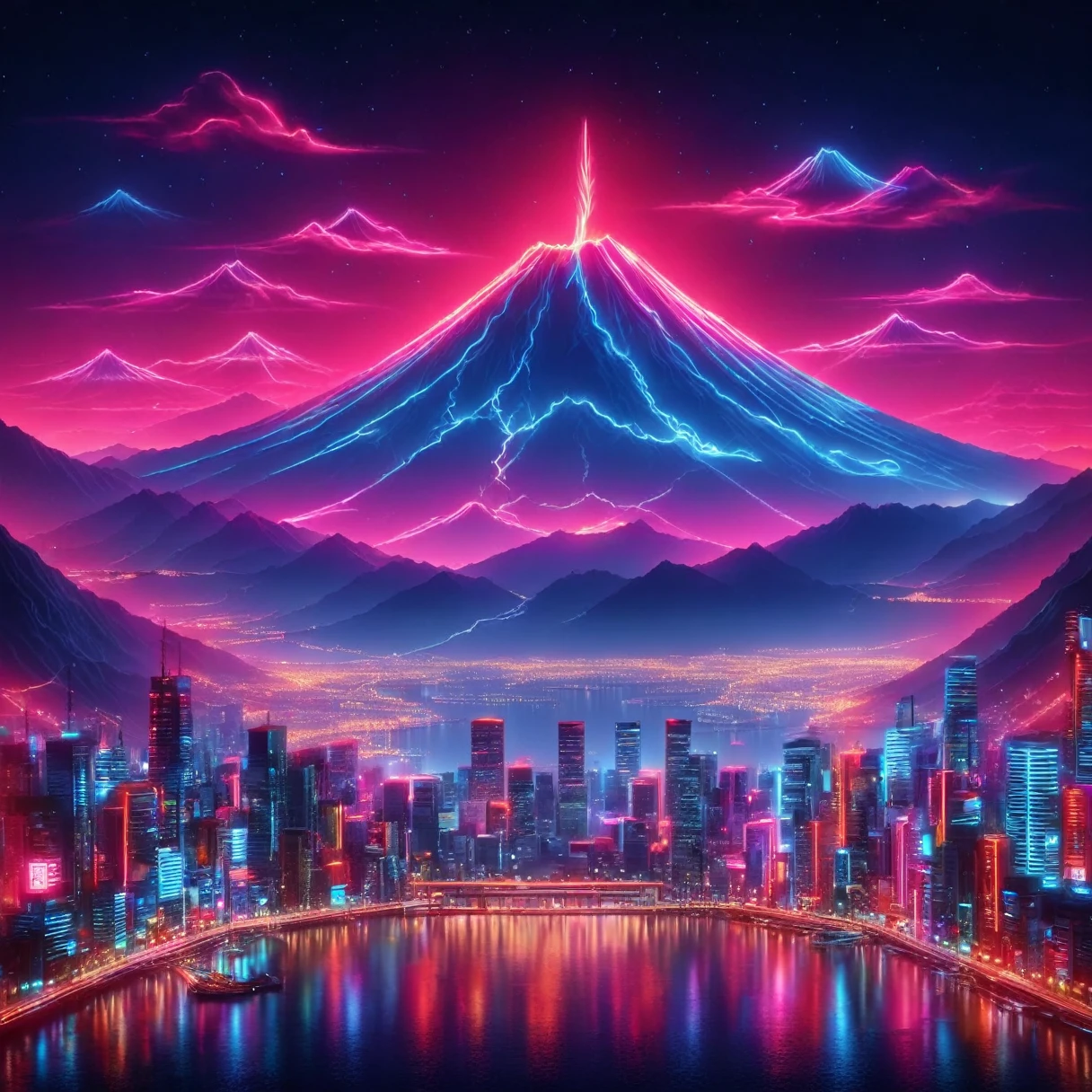 japanese art, mount fuji, small city, synthwave, neon signs,
