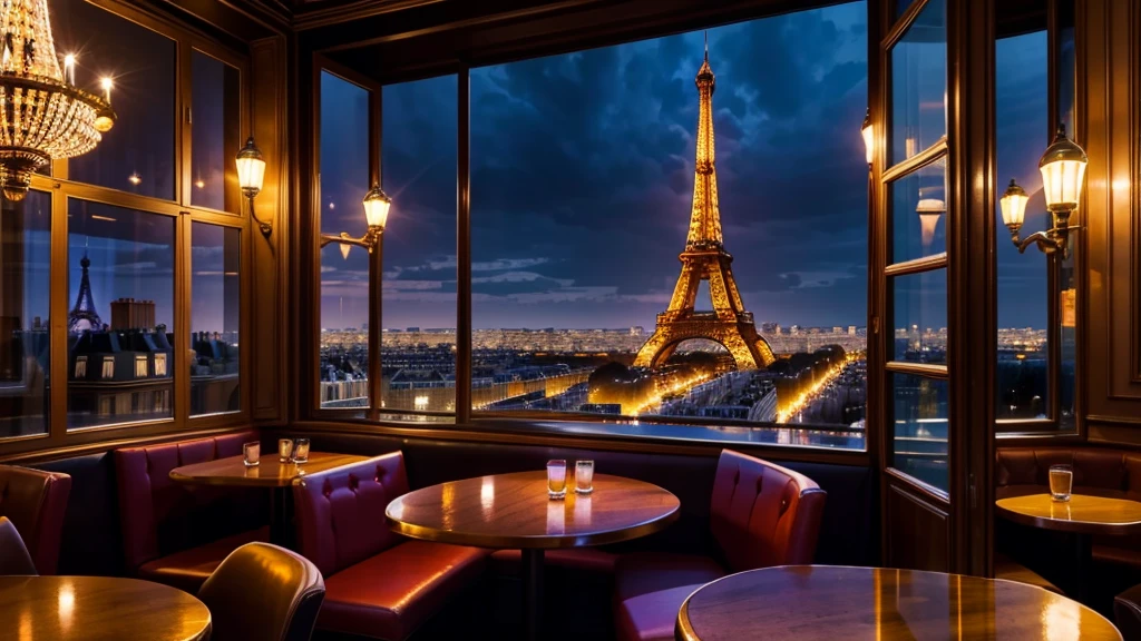 NIGHT TIME, paris coffee shop interior with a big window and view of the eifell tower, there are coffee cups in the tables, vibrant colors, cinematic