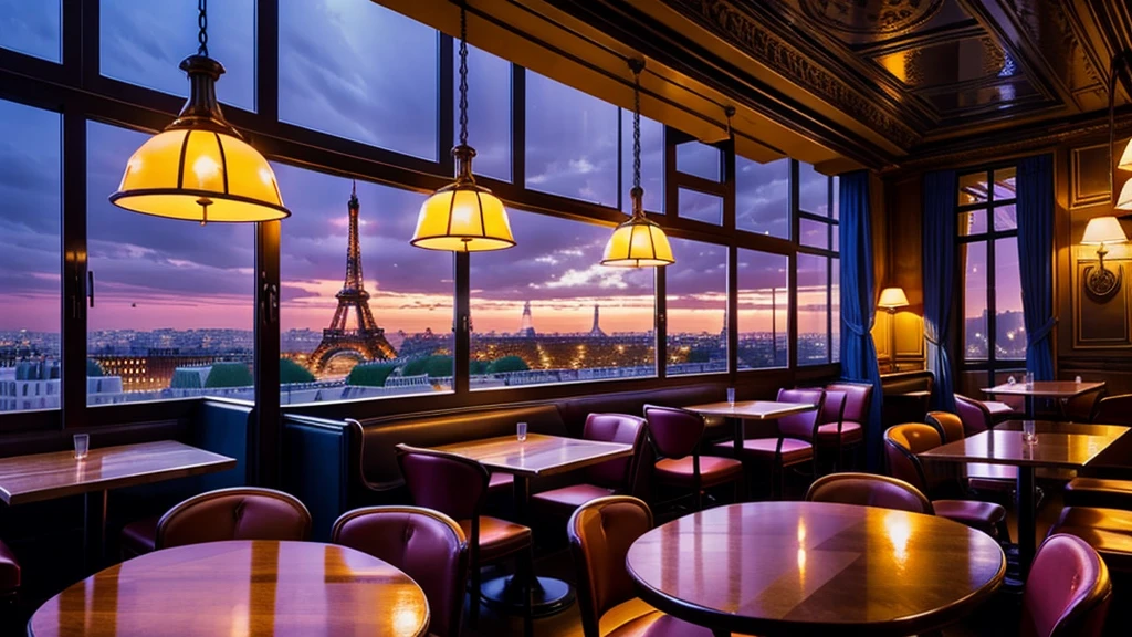 NIGHT TIME, paris coffee shop interior with a big window and view of the eifell tower, there are coffee cups in the tables, vibrant colors, cinematic