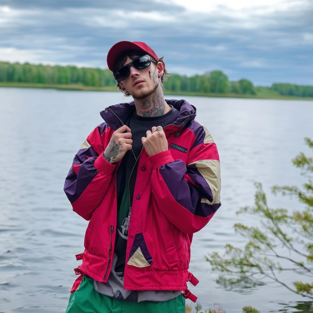a man in a jacket and sunglasses stands by the water, Bloody from the drain gang, lil peep, in fishing 🧥, The picture is very, very low quality, looks like a mix of grimes, on the lake, album's cover, young man in a purple sweatshirt, looks like a mix of grimes, looks like a mixture of dirt