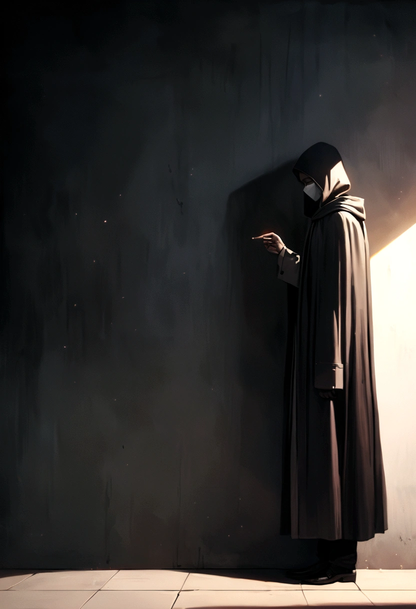"Two characters meet: A thin man with short black hair, wearing a long cape and a mask, leans against a wall, looking to the side with a cigarette in hand. Beside him stands another thin man, wearing a long cape with the hood over his head, leaning against the opposite wall, looking down with a cigarette in hand. They shake hands. Both are minimalist characters, 8k resolution, photorealistic style, cinematic lighting, with moody atmosphere, dramatic shadows, and muted color palette."