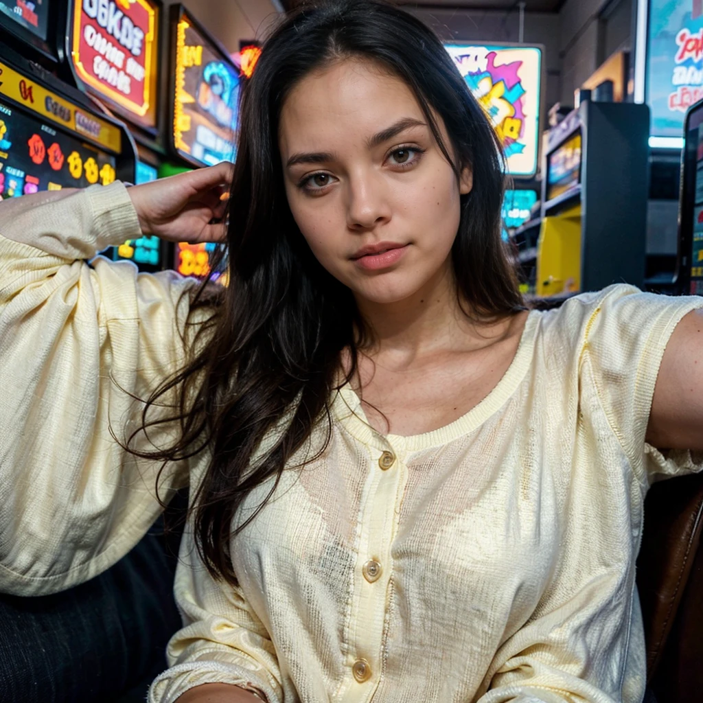 A beautiful woman, cute dark brown eyes, smooth white skin, beautiful silky black hair, beautiful colors, smooth drawing, clear picture, no blur, realistic drawing, realistic lighting, no distortion, complete realistic, realistic skin, in comfy clothes, cute aesthetic, arcade, fun aesthetic arcade, wearing knit jacket, cute yellow colors, colorful aesthetic, playing games, playing arcade games, having fun