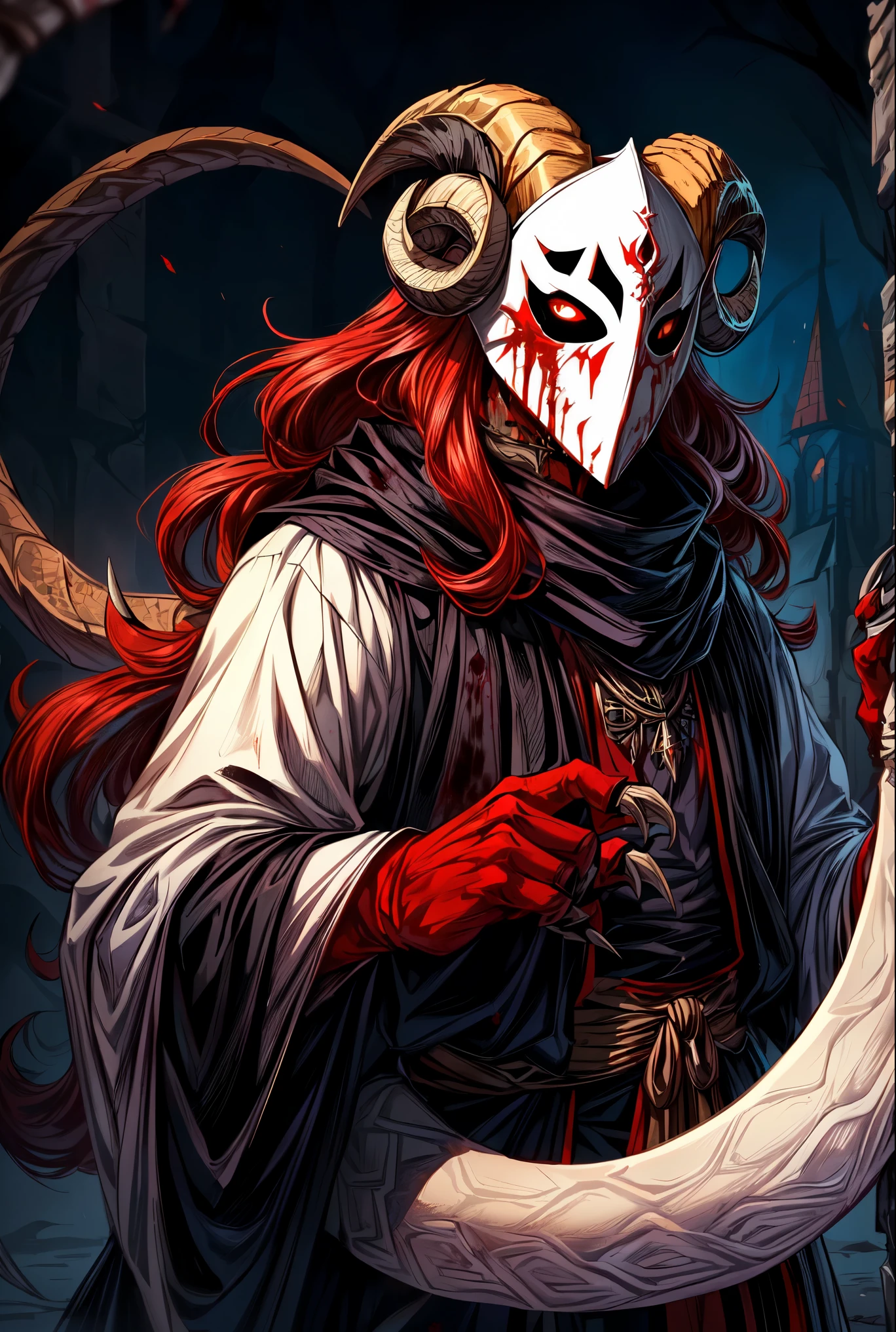 ((demon)), (((male))), male demon,  ((scary demon), (((wearing a scary white mask))), blood, (((ram curved horns))), long wavy red hair, (((slavic black full clothes))), medieval scarf, monster claws, snake tail