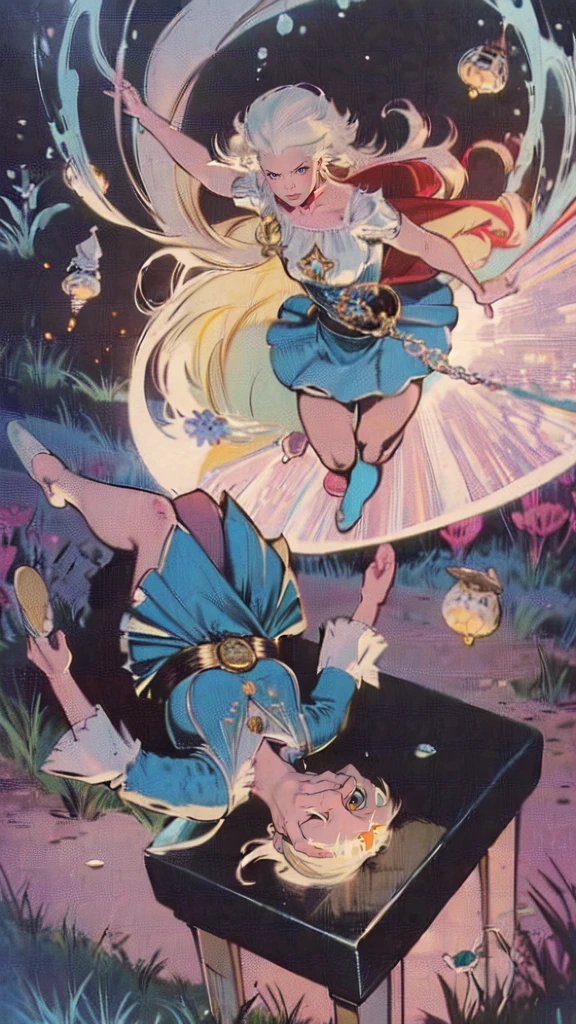 "(best quality,highres:1.2),ultra-detailed,realistic,photorealistic:1.37,Alice in Wonderland,girl with blonde hair and blue dress,curious expression,huge tea party in a magical garden,crazy colorful mushrooms and flowers,talking white rabbit with pocket watch,enchanted playing cards flying in the air,Cheshire Cat disappearing and reappearing,Grand clock tower showing time,whimsical and dreamlike atmosphere,impressive illustrations,pastel color palette,magical lighting effects"