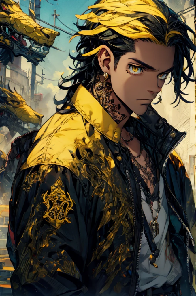 (best quality:1.1), (masterpiece:1.4), 1boy, solo, 1male, kazutora_hanemiya, blonde hair, yellow eyes, , black hair, two-tone hair, neck tattoo, , , earrings, jacket, decade costume, science fiction hardboiled,