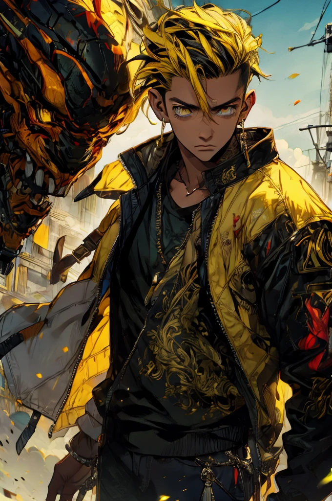 (best quality:1.1), (masterpiece:1.4), 1boy, solo, 1male, kazutora_hanemiya, blonde hair, yellow eyes, , black hair, two-tone hair, neck tattoo, , , earrings, jacket, decade costume, science fiction hardboiled,