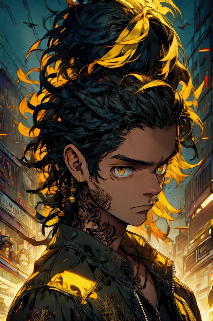 (best quality:1.1), (masterpiece:1.4), 1boy, solo, 1male, kazutora_hanemiya, blonde hair, yellow eyes, , black hair, two-tone hair, neck tattoo, , , earrings, jacket, decade costume, science fiction hardboiled,